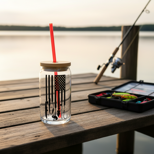 American Flag Fishing Glass Tumbler